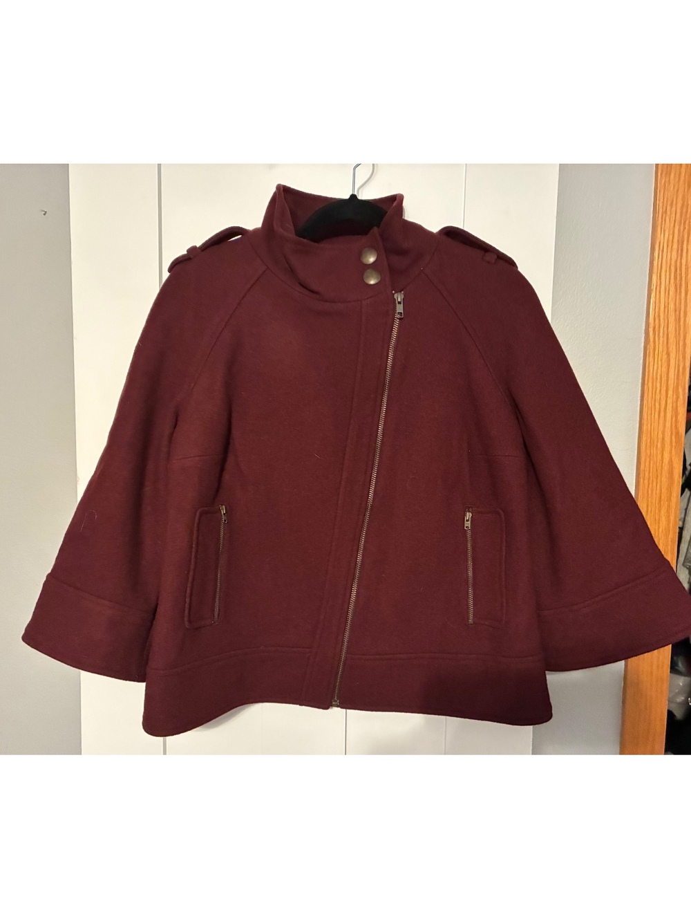Tribal Burgundy Wool-Blend Asymmetric Moto Cape Jacket Sz 8
